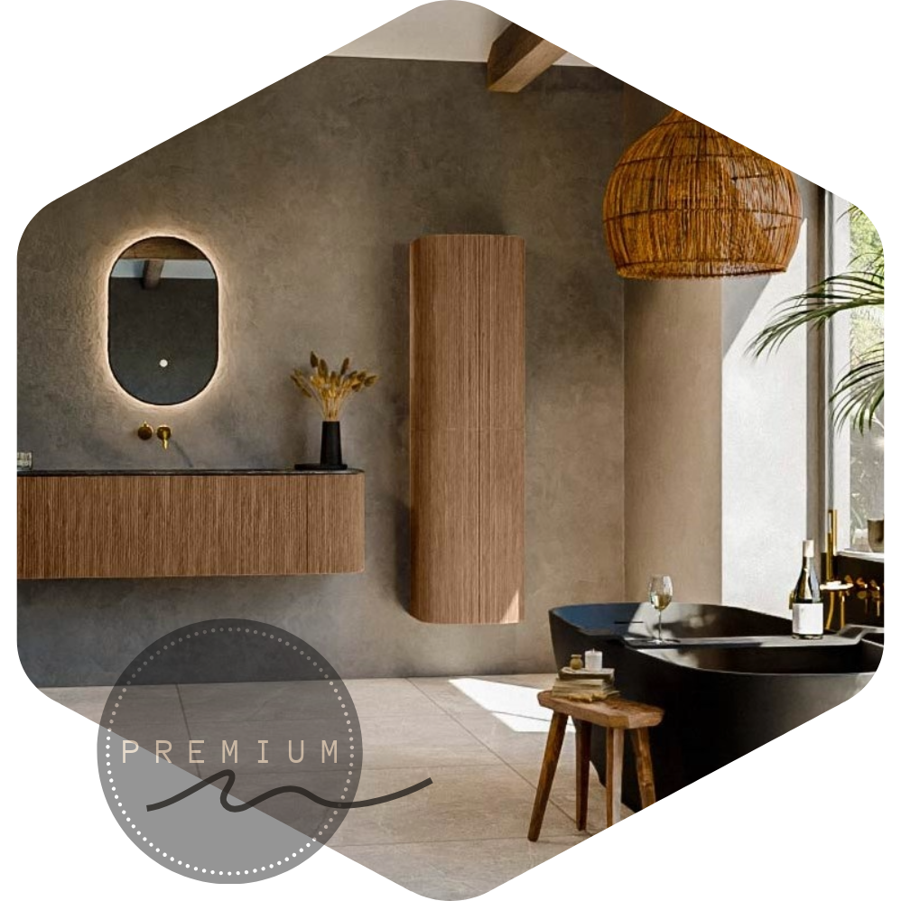 Moderne badkamer met beton cire, vrijstaand bad en badkamermeubel set – Luxe design met veel lichtinval voor een stijlvolle uitstraling