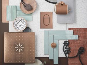 Moodboard met tegels en wellness producten voor badkamerontwerp - inspiratie voor luxe badkamers